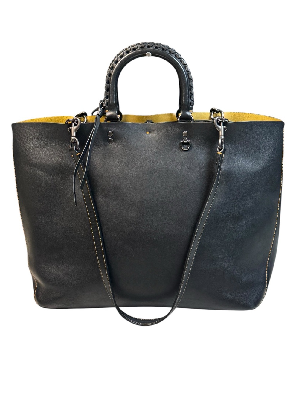 Coach 1941 Rogue Black Leather Tote Bag Yellow Lining Shoulder Straps Top Handle